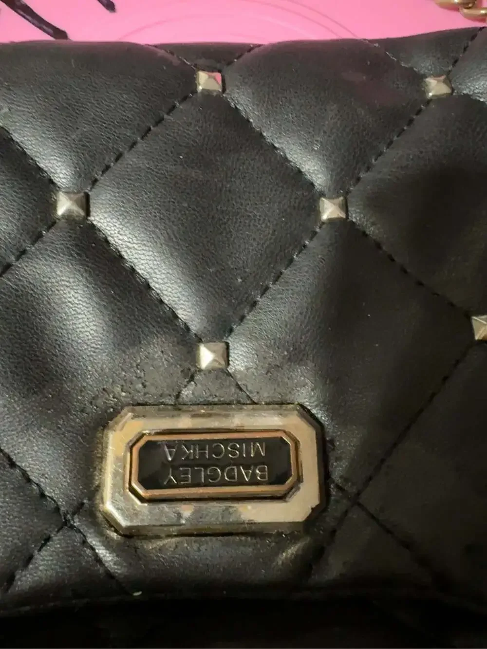 Badgley Mischka Black Quilted Leather Crossbody Bag with Studs and Gold Chain